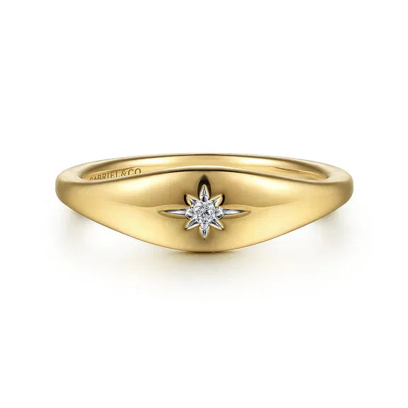 GABRIEL & CO- 14K Yellow Gold Diamond Starburst Signet Ring D.02TW