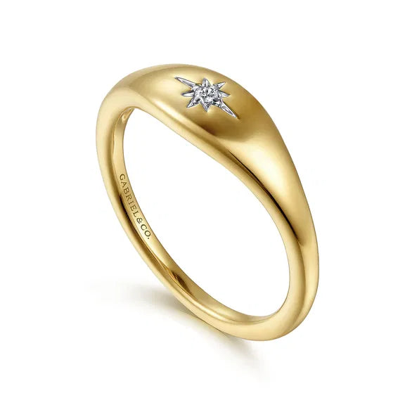 GABRIEL & CO- 14K Yellow Gold Diamond Starburst Signet Ring D.02TW