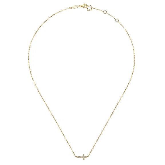 GABRIEL & CO- 14K Yellow Gold Sideways Curved Diamond Cross Necklace D.07TW
