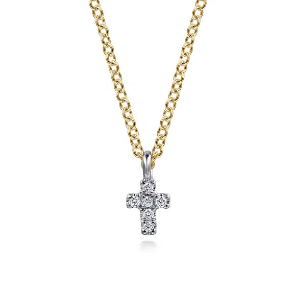 GABRIEL & CO- 14K Yellow and White Gold Diamond Cross Pendant Necklace D.03TW
