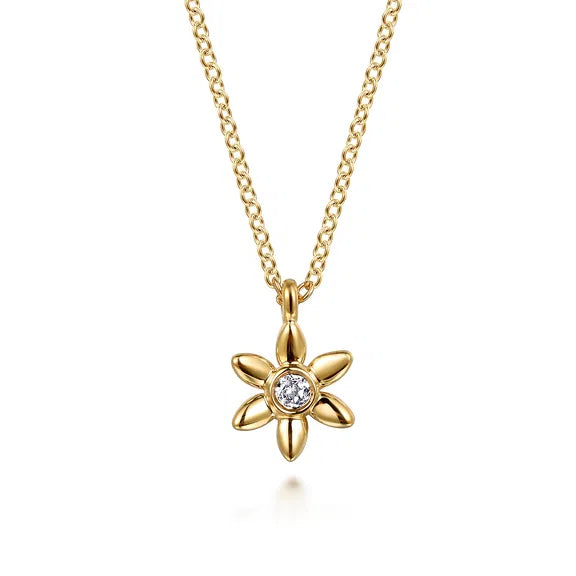 GABRIEL & CO- Floral- 14k Yellow Gold White Sapphire Floral Pendant Necklace