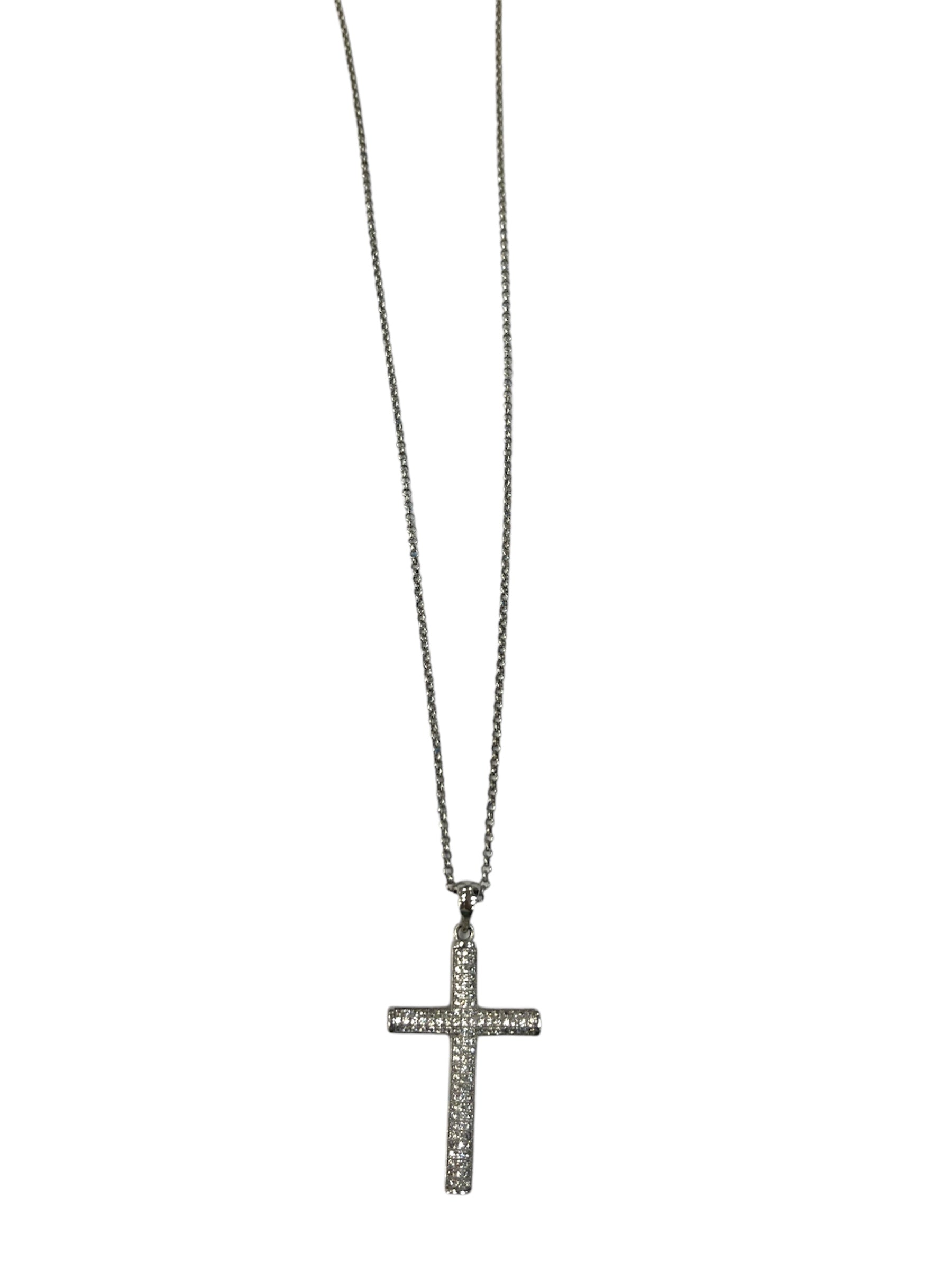 .925 Sterling Silver Round Tube Micro Pave Cross Necklace 20"