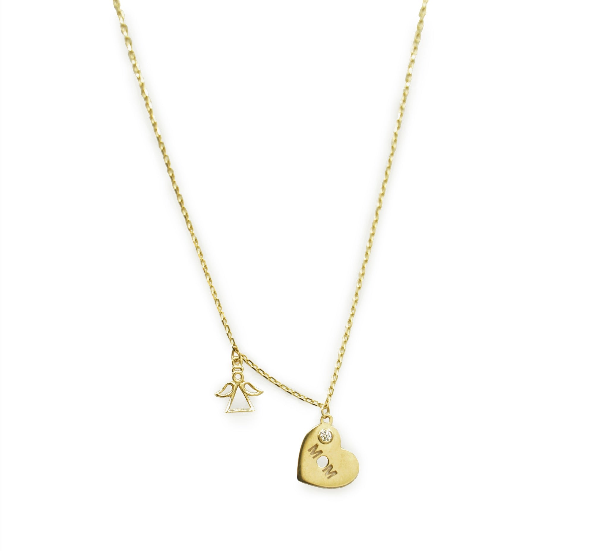 14kt “MOM” & Angel  Heart Necklace G-HM-6N6950-III-CZ