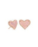 KENDRA SCOTT- Ari Heart Rose Gold Stud Earrings in Pink Drusy