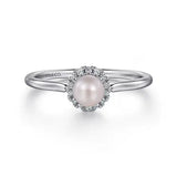 GABRIEL & CO- 14K White Gold Pearl Ring with Diamond Halo