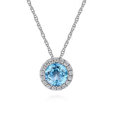 GABRIEL & CO- 14K White Gold Round Swiss Blue Topaz and Diamond Halo Pendant Necklace