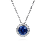 GABRIEL & CO- 14K White Gold Sapphire and Diamond Halo Pendant Necklace