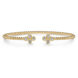 GABRIEL & CO- 14K Yellow Gold Bujukan Bead Split Cuff Bracelet with Quatrefoil Diamond Endcaps