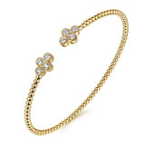 GABRIEL & CO- 14K Yellow Gold Bujukan Bead Split Cuff Bracelet with Quatrefoil Diamond Endcaps