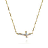 GABRIEL & CO- 14K Yellow Gold Sideways Curved Diamond Cross Necklace D.07TW