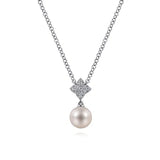 GABRIEL & CO- 14K White Gold Cultured Pearl and Floral Diamond Pendant Necklace