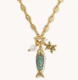 KENDRA SCOTT- Parker Fish Long Charm Necklace in Vintage Gold Abalone Shell