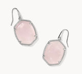 KENDRA SCOTT- Daphne Rhodium Pave Framed Drop Earrings in Rose Quartz