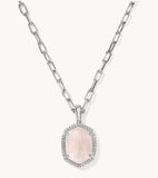 KENDRA SCOTT- Daphne Rhodium Pave Framed Pendant Necklace in Rose Quartz
