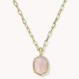 KENDRA SCOTT- Daphne Gold Pave Framed Pendant Necklace in Rose Quartz
