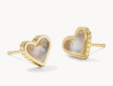 KENDRA SCOTT- Framed Gold Ari Heart Stud Earrings in Iridescent Abalone