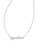 KENDRA SCOTT- Grandma Rhodium Script Pendant Necklace in White Pearl