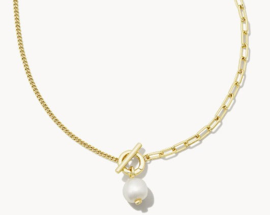 KENDRA SCOTT- Leighton Convertible Gold Pearl Necklace in White Pearl