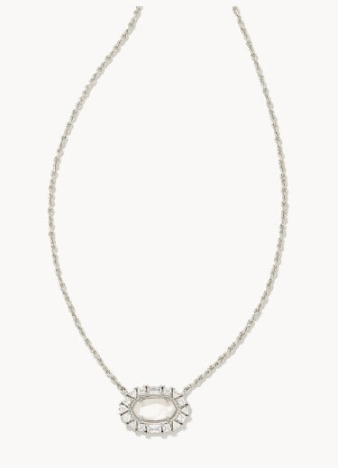 KENDRA SCOTT- Elisa Silver Crystal Frame Short Pendant Necklace in Ivory Mother of Pearl