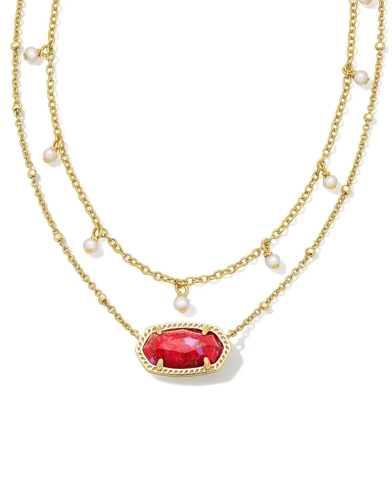 KENDRA SCOTT- Elisa Pearl Multi Strand Necklace Gold/Bronze Veined Red Fuchsia