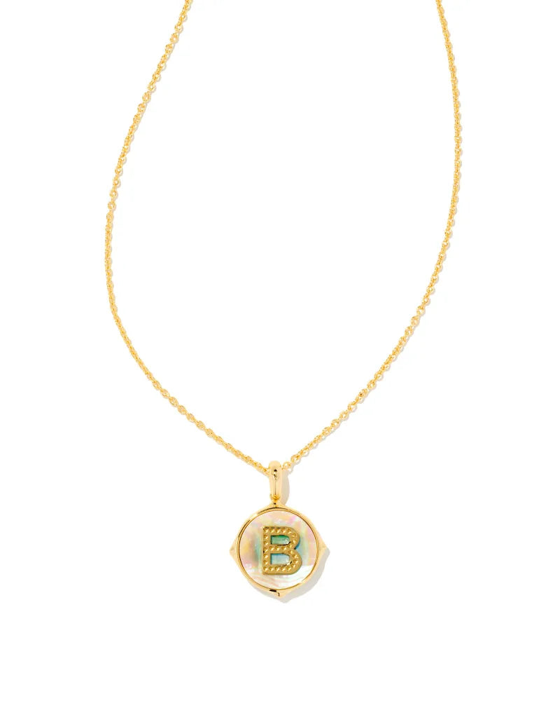 KENDRA SCOTT- Letter B Gold Disc Reversible Pendant Necklace in Iridescent Abalone