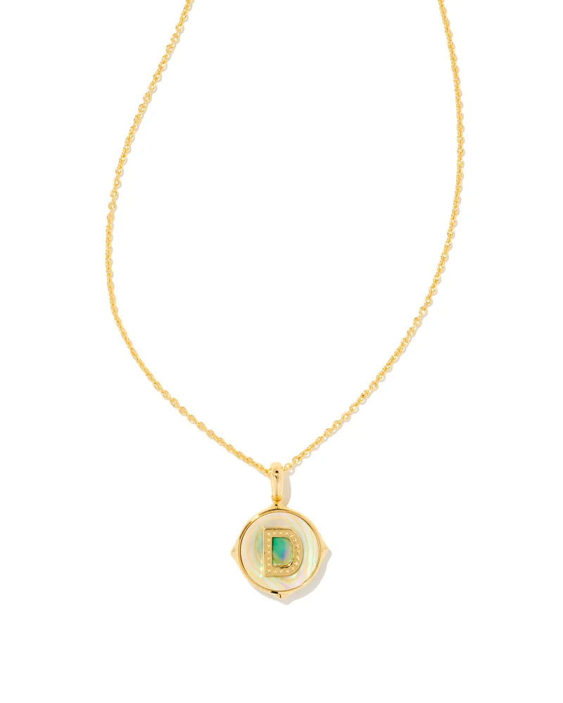 Letter V Gold Disc Reversible Pendant Necklace in Iridescent